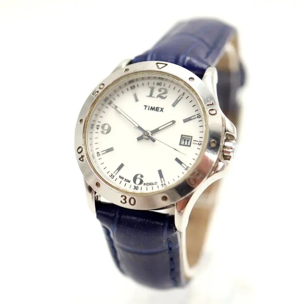 Timex Indiglo Silver Tone Date 29mm Womens Watch Blue Leather w New Battery